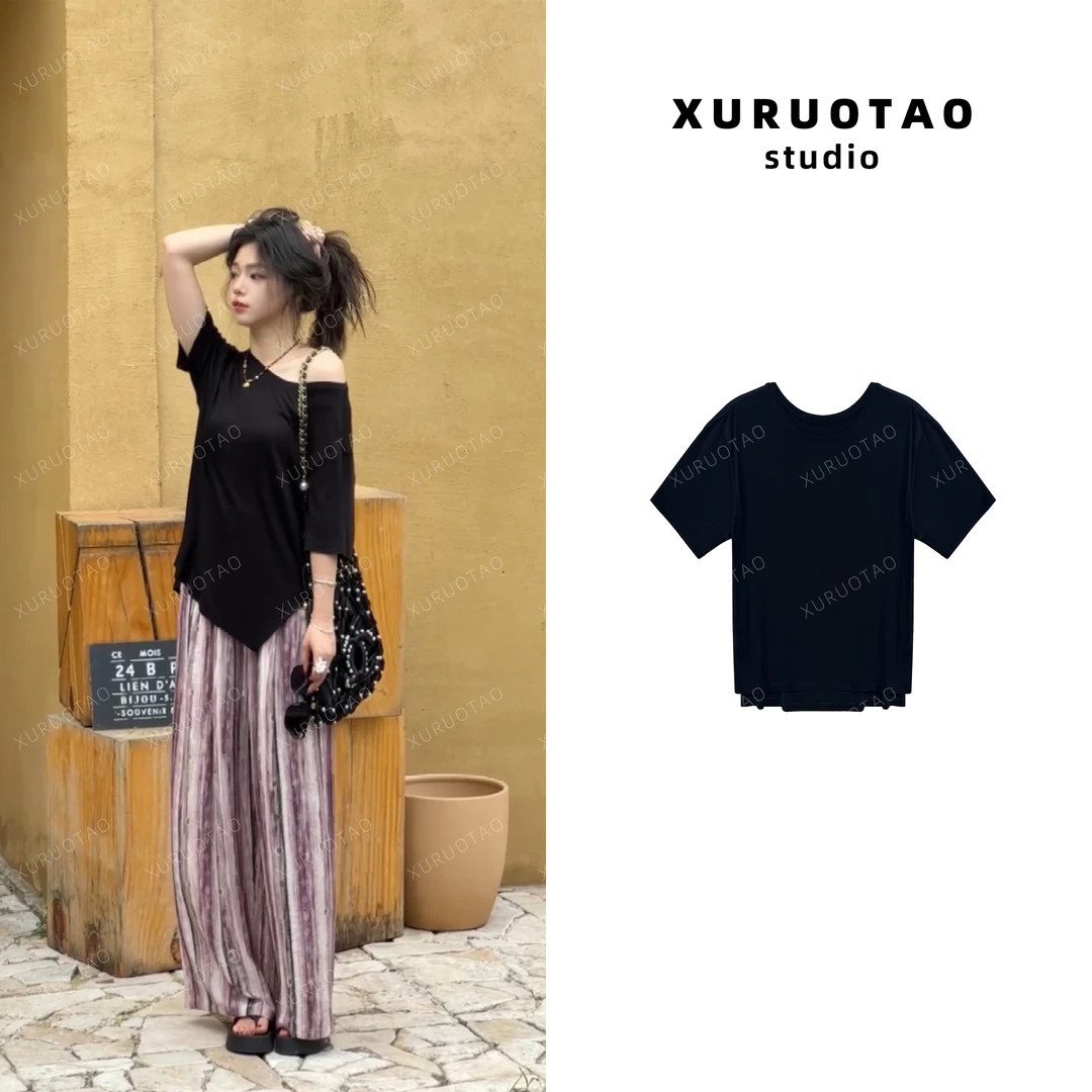 XURUOTAO 【斜肩t】莱赛尔羊毛可斜肩设计显瘦黑色短袖 T5250