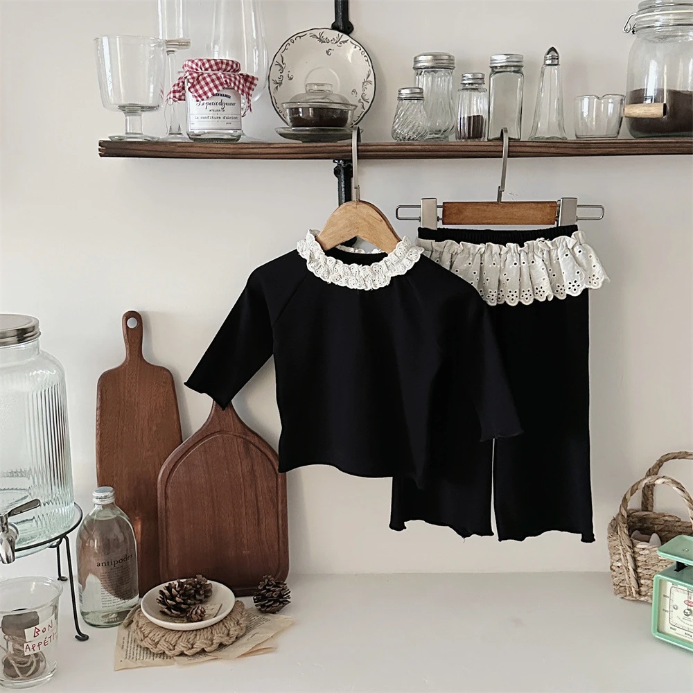 ins款婴幼儿春秋女童套装洋气花边领长袖上衣韩版女宝宝宽松长裤