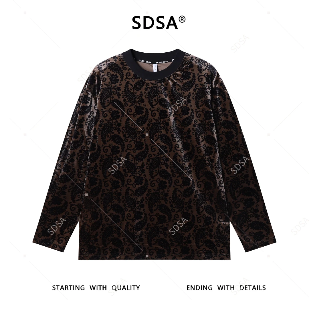 SDSA男士秋冬新款痞帅男装潮牌绒面满印植物花卉圆领长袖T恤百搭