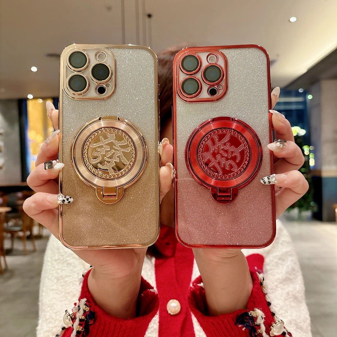 适用iPhone16promax手机壳闪粉15promax发财支架苹果14全包13/12