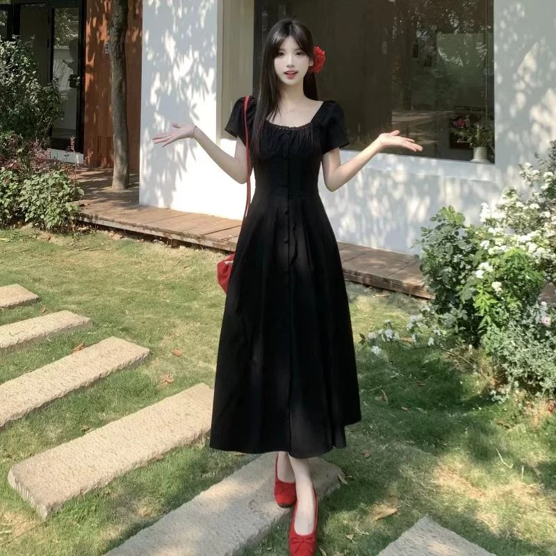 时尚方领短袖连衣裙夏季新款收腰显瘦设计感a字连衣裙HJ-1993