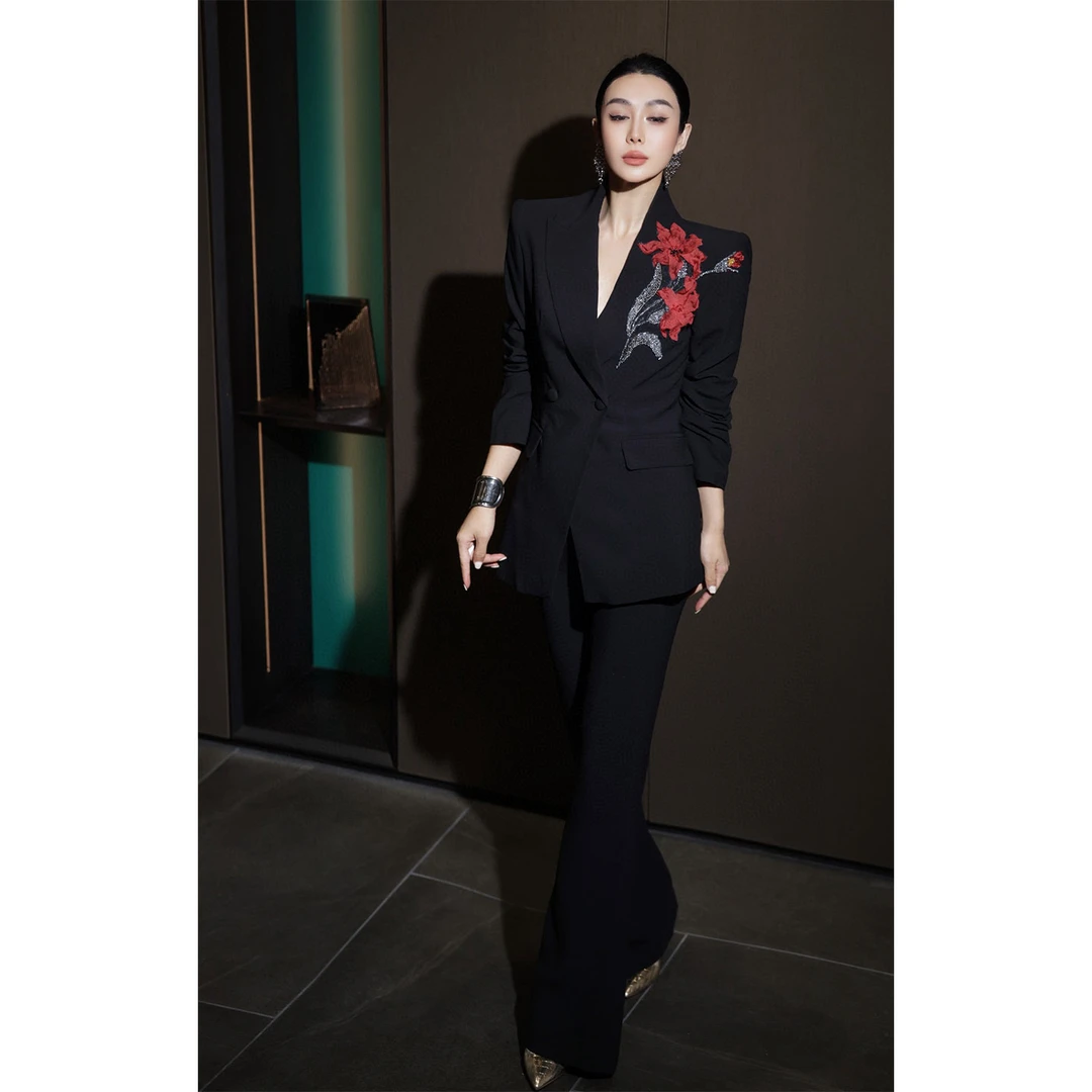 修身女神范秋冬黑色轻奢复古时尚套装宴会西装中国风立体花朵西装