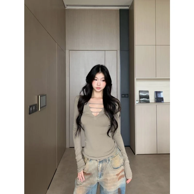 withmin凉皮 辣妹打底V领系带显瘦修身T恤长袖秋冬上衣女2524646