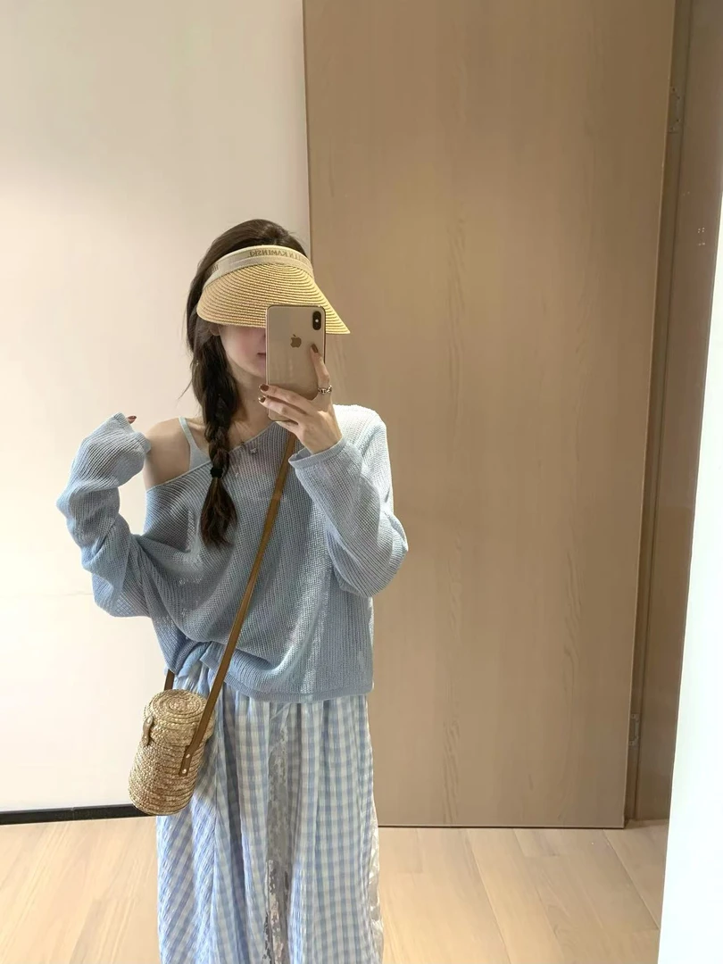 韩11早春温柔风休闲套装女2025圆领镂空针织罩衫短款小吊带两件套