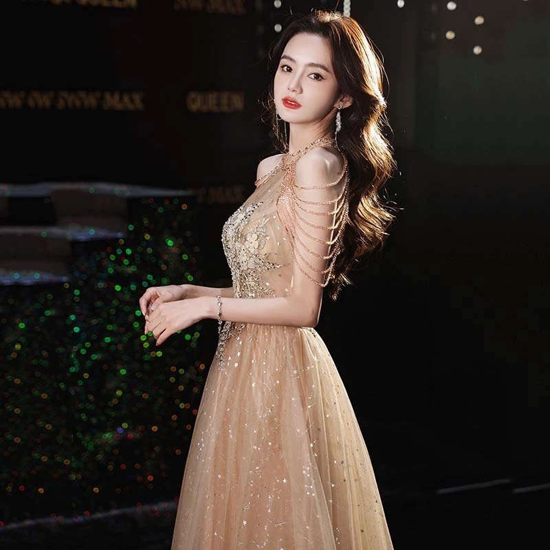 香槟色晚礼服2025春季新款法式名媛气质主持人长款生日礼服连衣裙