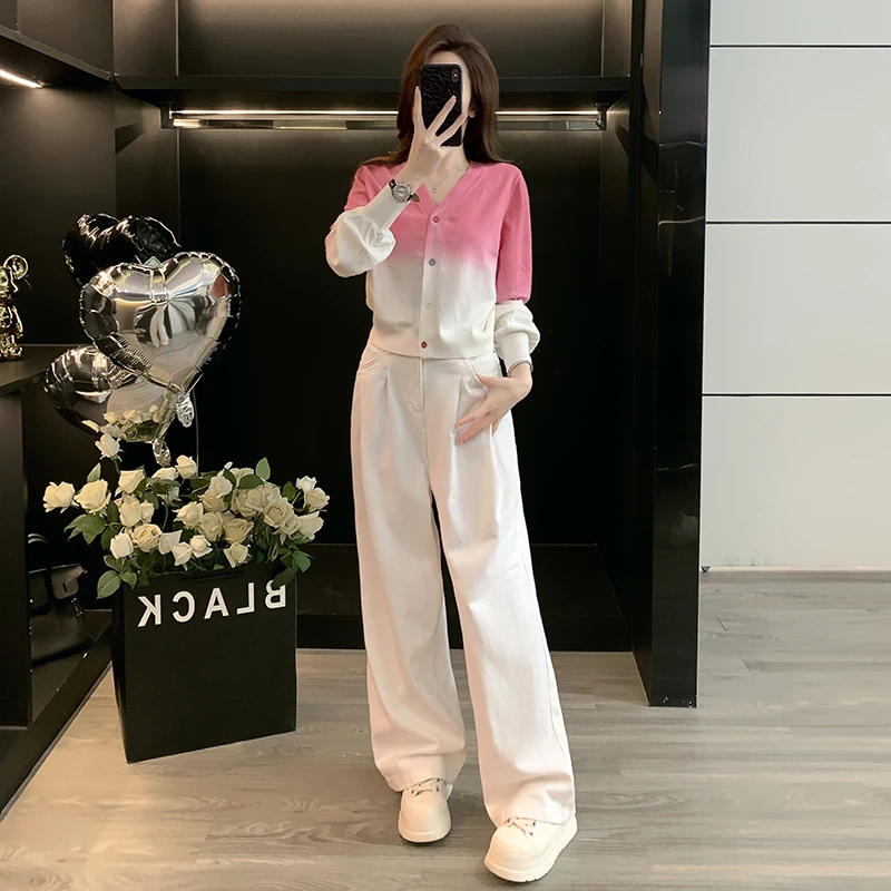 秋冬网红炸街时尚洋气玫红渐变色长袖毛衣女高腰牛仔长裤两件套潮