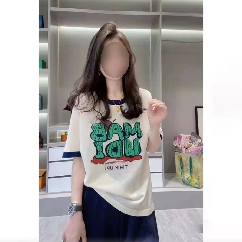 圆领彩色字母短袖通勤常规款重工提花图案减龄小众百搭上衣
