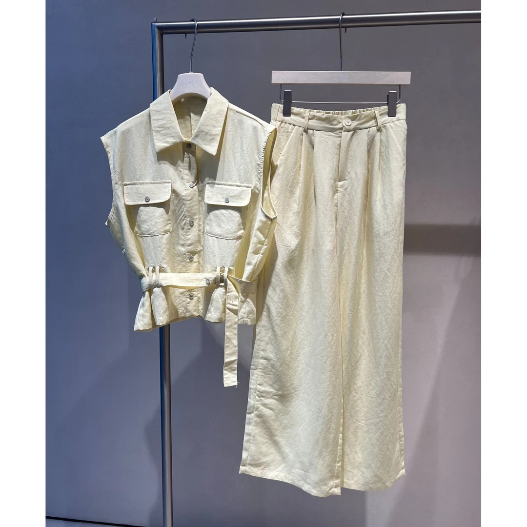 老钱风松弛感穿搭绑带收腰无袖上衣马甲套装阔腿裤两件套QD81805