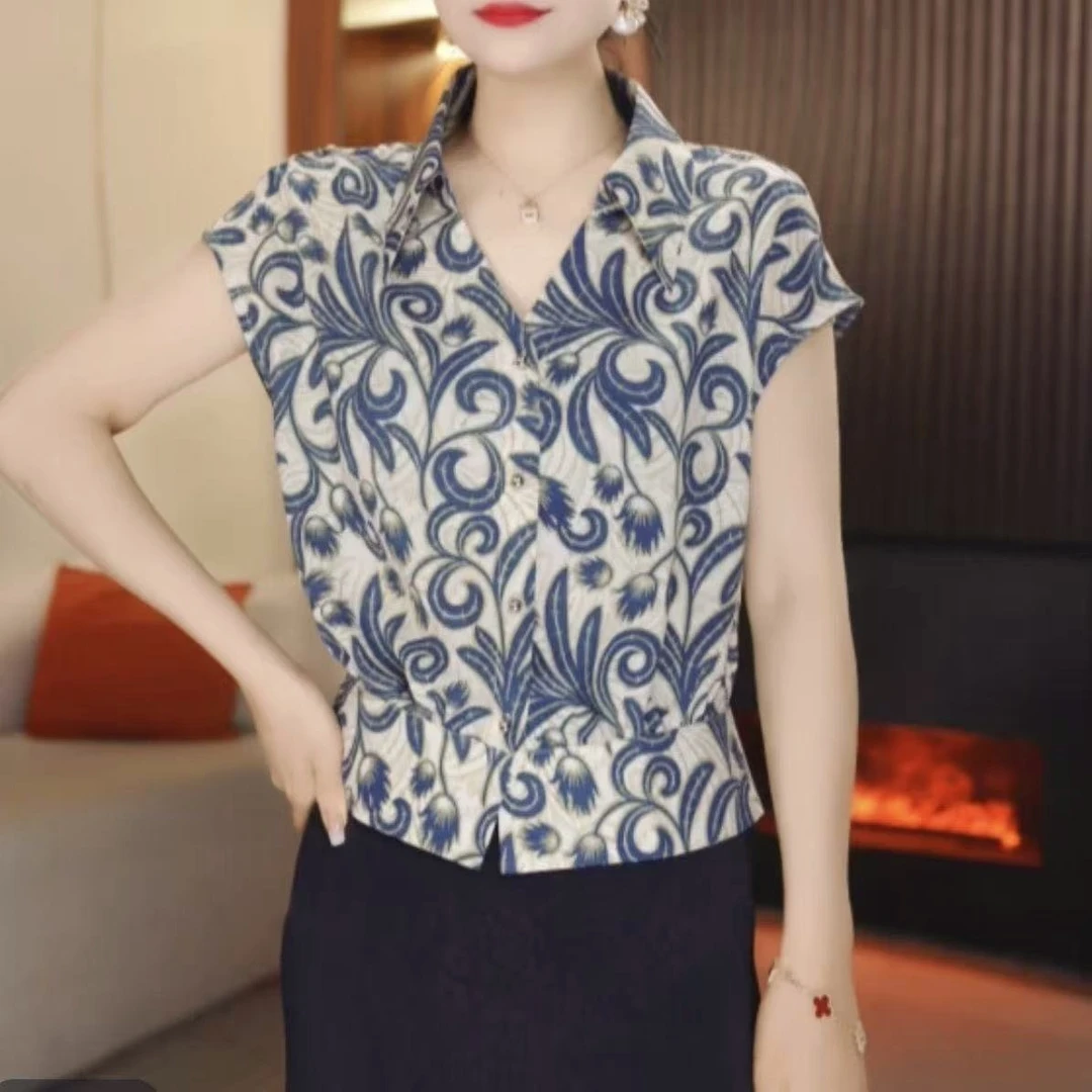 洋气短袖v领衬衫女夏季高级感套头气质减龄小衫宽松显瘦印花上衣