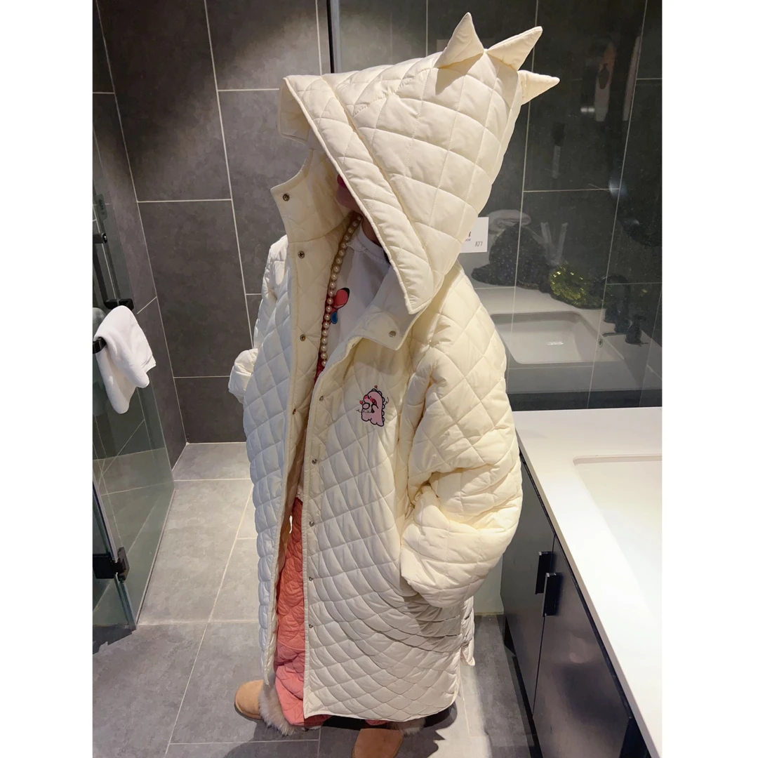 长款菱格棉服女宽松洋气恐龙帽夹棉外套女杏色