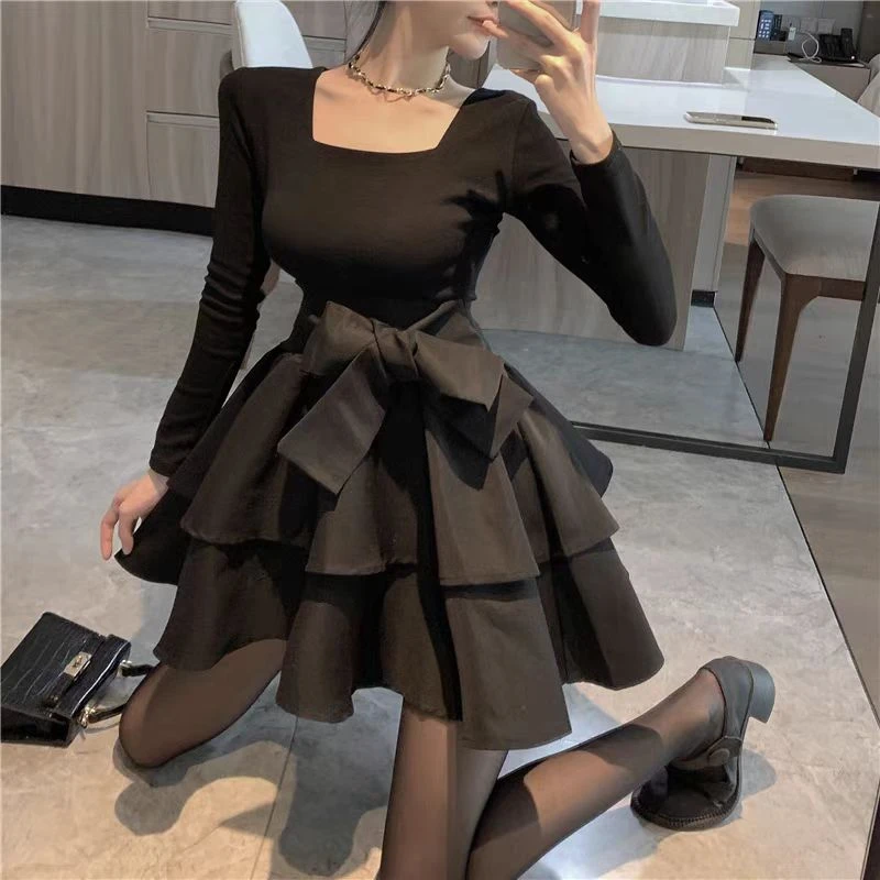 法式黑色连衣裙子女浅春季2025新款小黑裙微胖掐腰蓬蓬公主裙1010