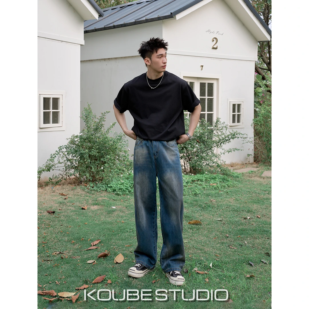 余乐「水洗做旧 手工擦色」廓形百搭直筒牛仔裤男复古vintage长裤潮