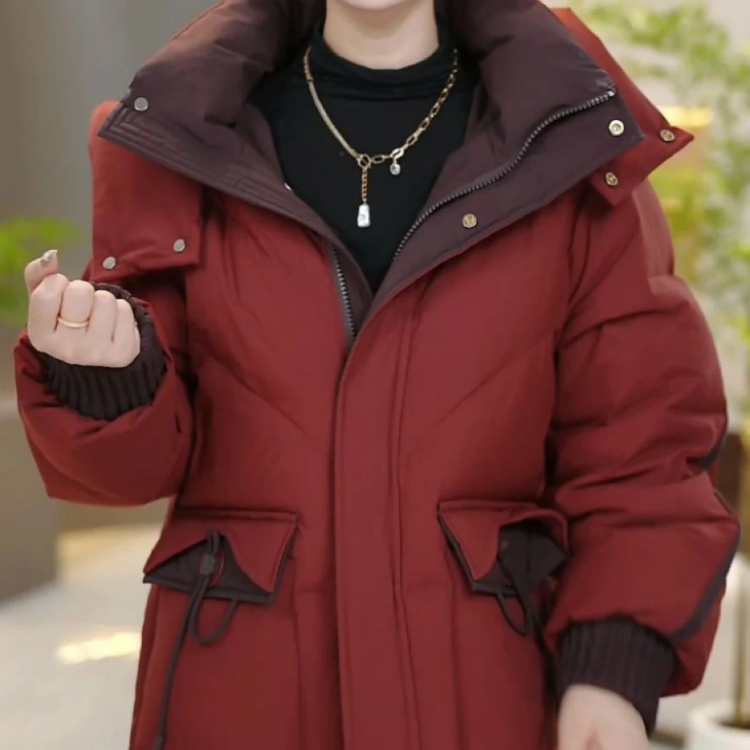 高级连帽洋气撞色鸭绒羽绒服2025冬季新款保暖加厚时尚遮肚子外套