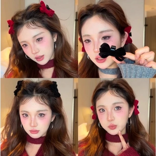 新年红色丝绒蝴蝶结小抓夹公主头发夹高颅顶刘海夹显脸小半扎头饰