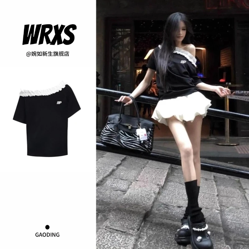 【婉如新生】夏季美式酷辣花边斜肩短袖t恤女设计感别致纯欲上衣ins