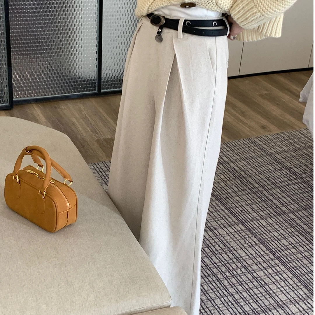 Yuki wang赛野森原 休闲高腰气质显瘦麻料阔腿长裤开春新款