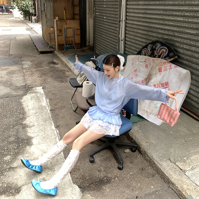 【蔚蓝天空】63%天丝蓝色透视防晒衬衫设计裙摆上衣4178