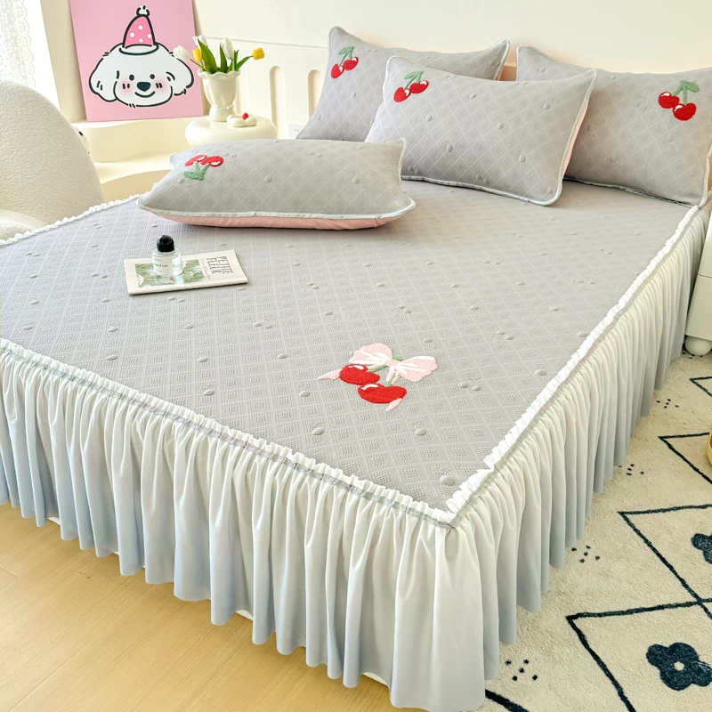 A类夏季专用刺绣PE凉感加厚冰丝豆豆凉席三件套冰豆豆可机洗凉席