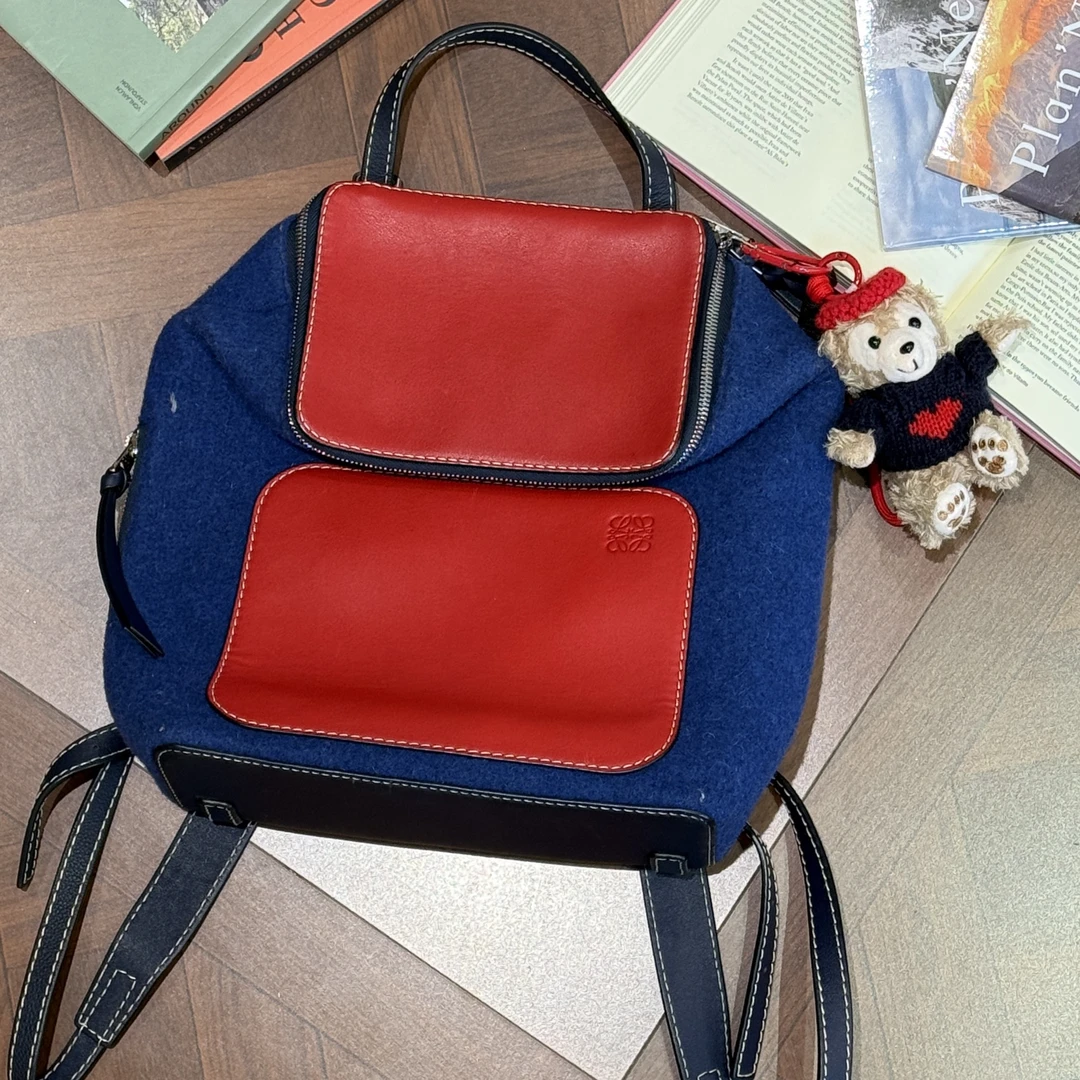 95新 LOEWE/罗意威 双肩包 蓝红拼色 毛呢拼皮 29*25*11cm