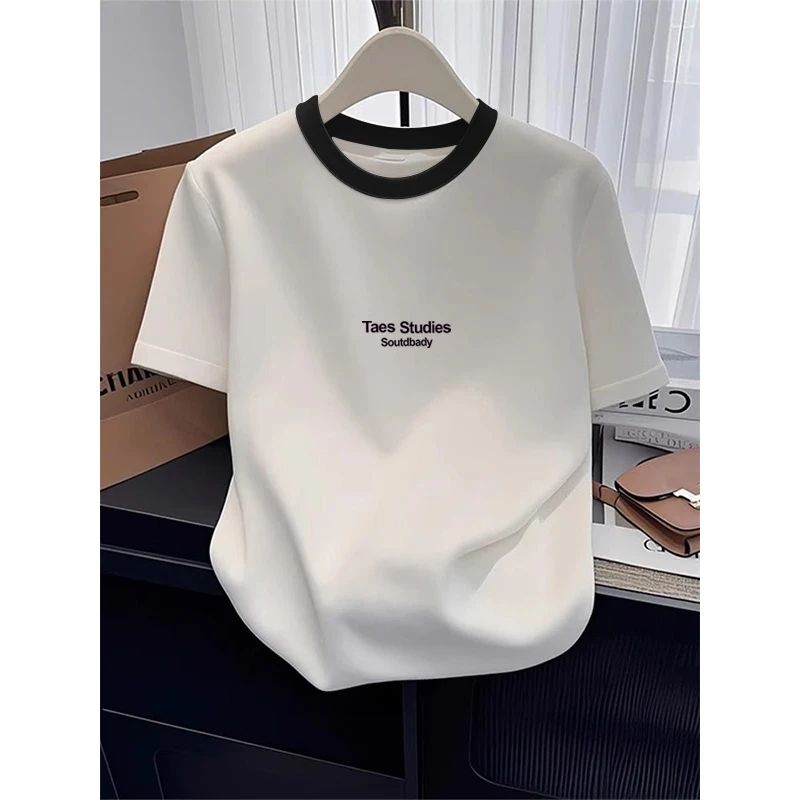 2025新款正肩纯棉短袖t恤女ins休闲百搭插色洋气撞色白色上衣夏季