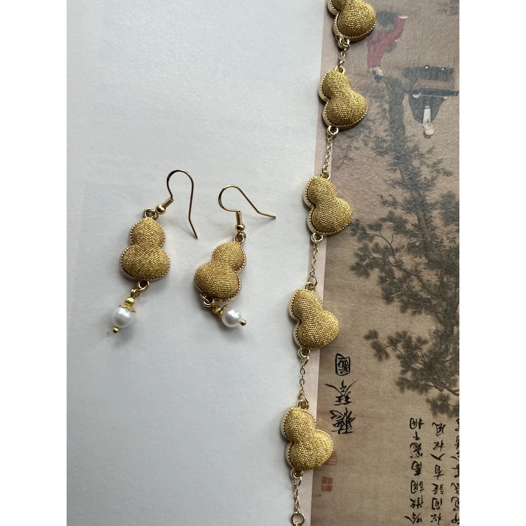 合金真丝耳饰 时尚饰品手工镶嵌缂丝气质百搭古风金色手链耳钉