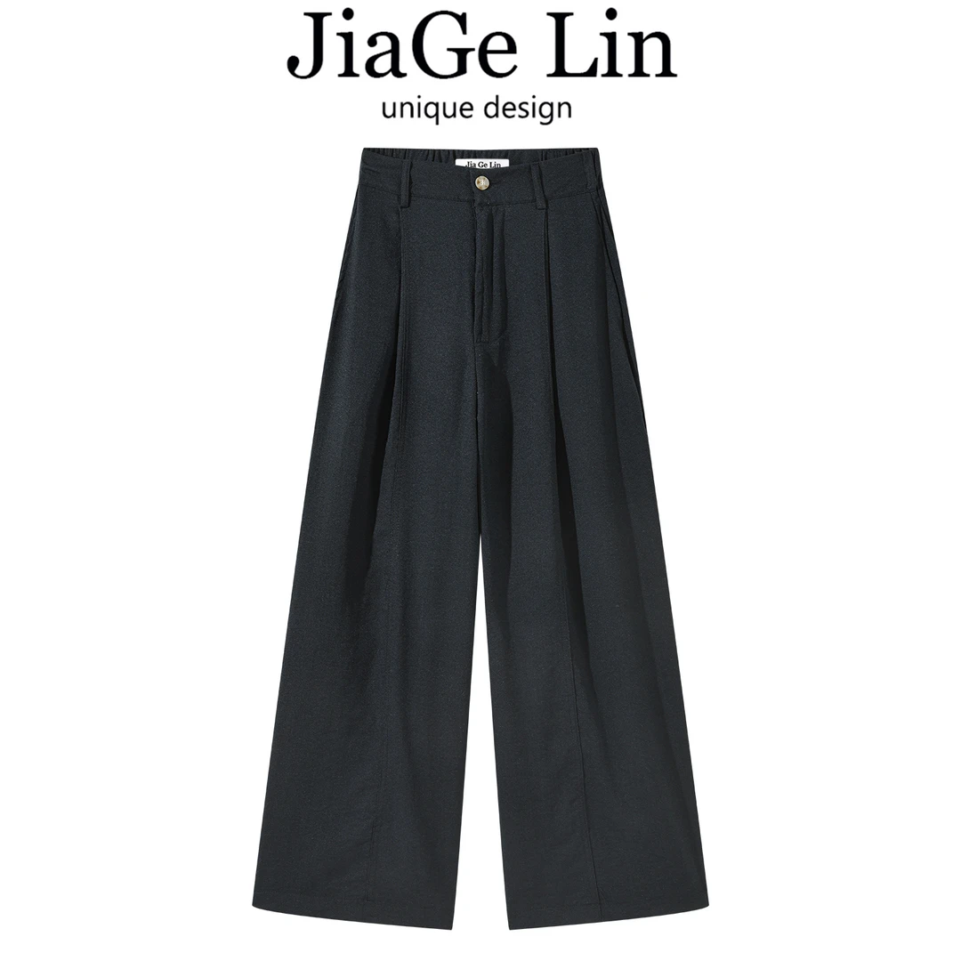 JiaGeLin韩系简约百搭松紧腰压褶垂感阔腿裤女士夏季通勤休闲长裤