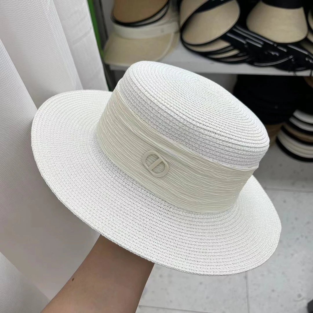平顶女草帽帽子珍珠链草编平顶帽白色时尚盐系少年感