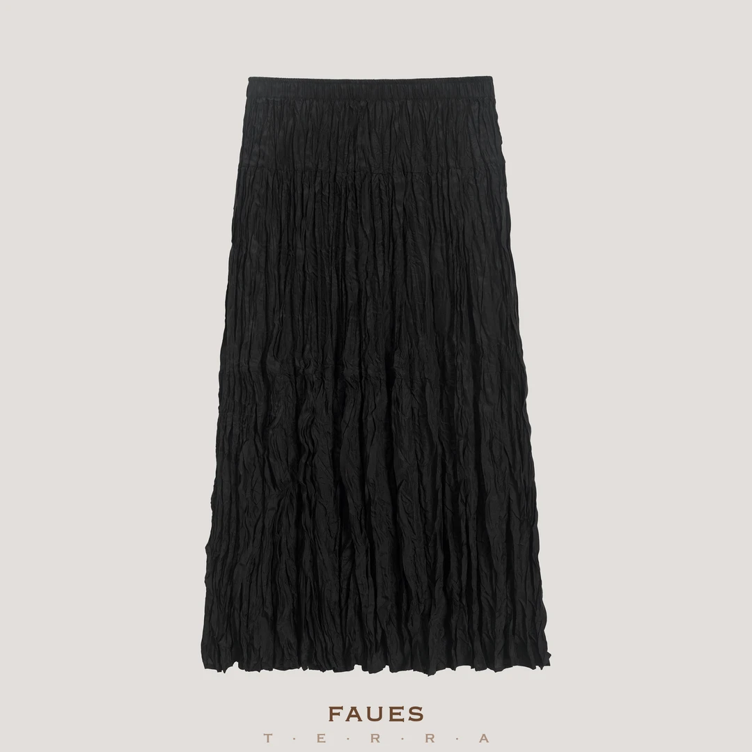 FAUES原创设计师款自然褶皱肌理纸感电力纺桑蚕丝夏季显瘦半身裙