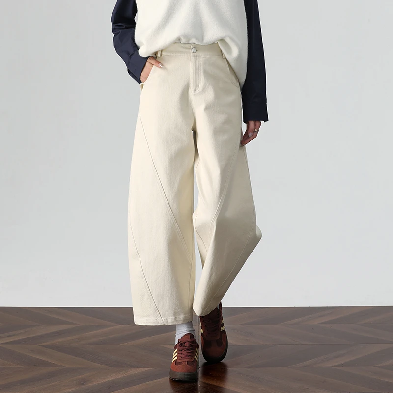 米白色弯刀阔腿裤女九分2025秋季宽松高腰香蕉阔腿裤子棉质休闲裤