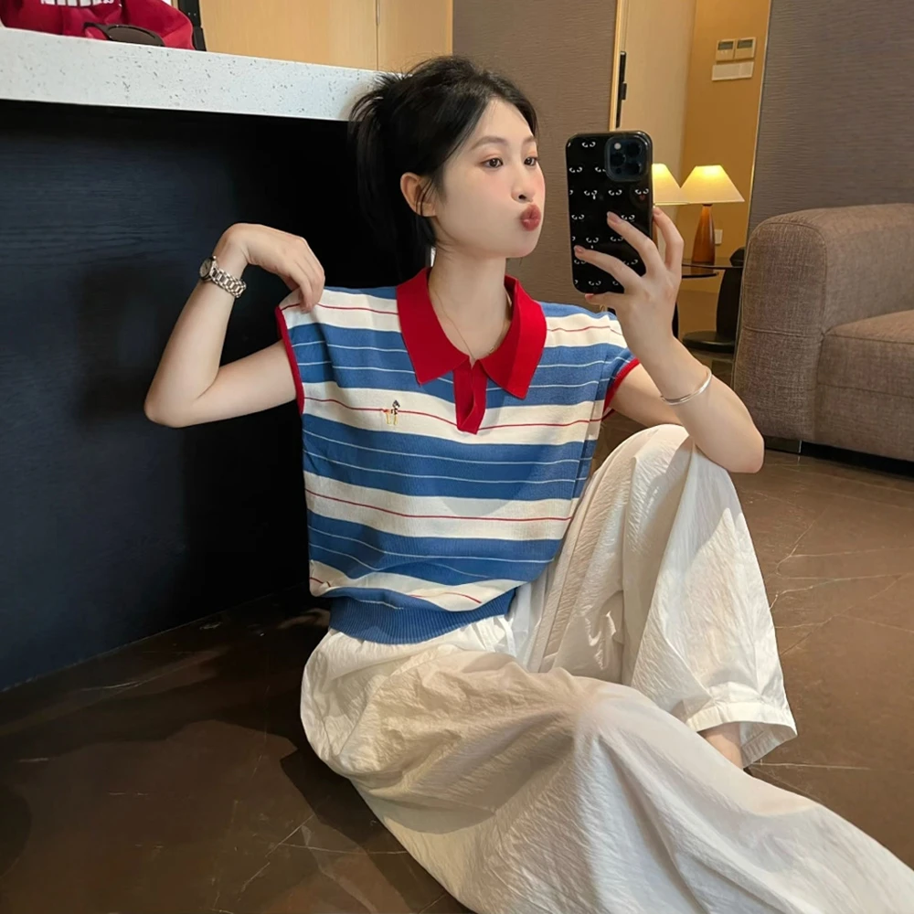 韩系撞色条纹polo领冰丝针织衫女夏装新款小飞袖短袖T恤百搭上衣