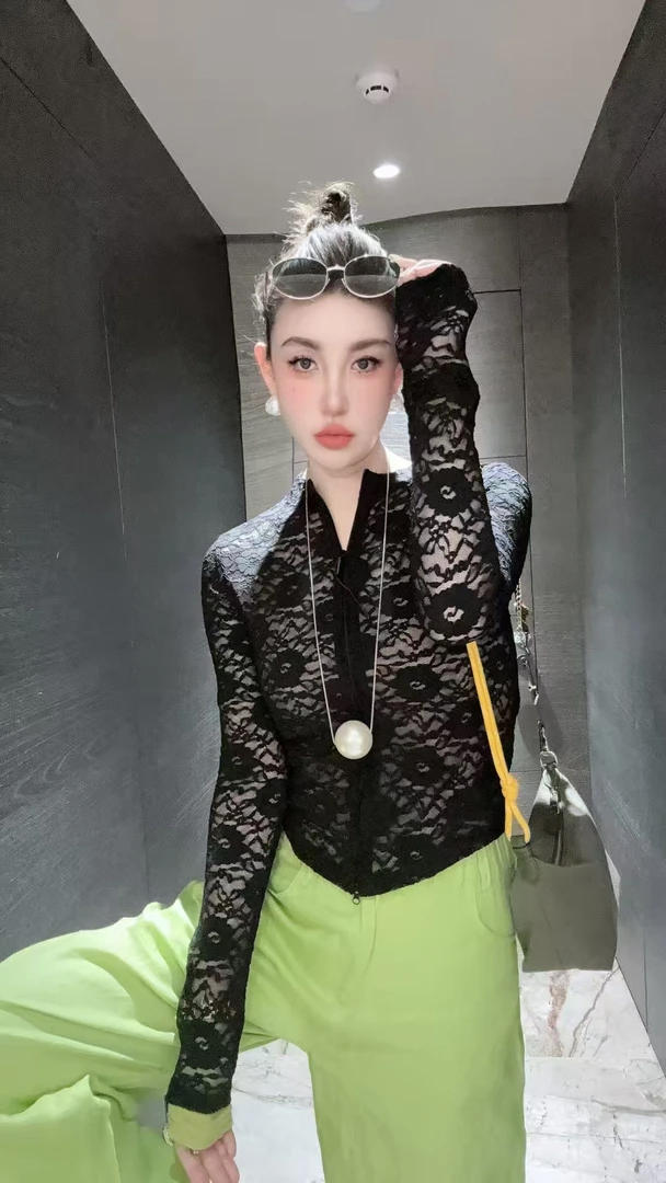 【HAV】新款时髦圆领拉链蕾丝开衫外套