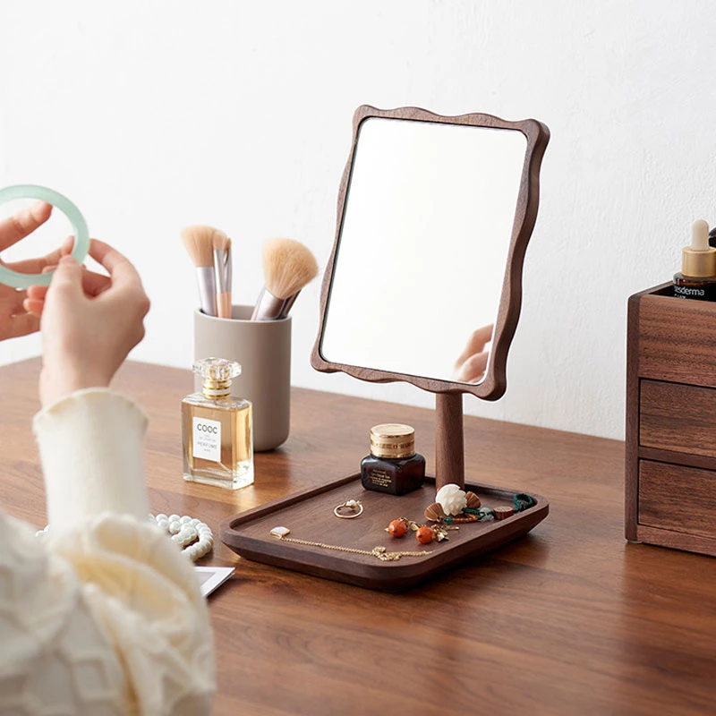 黑胡桃中式复古全实木可收纳梳妆镜简约可旋转圆形方形高清妆台镜