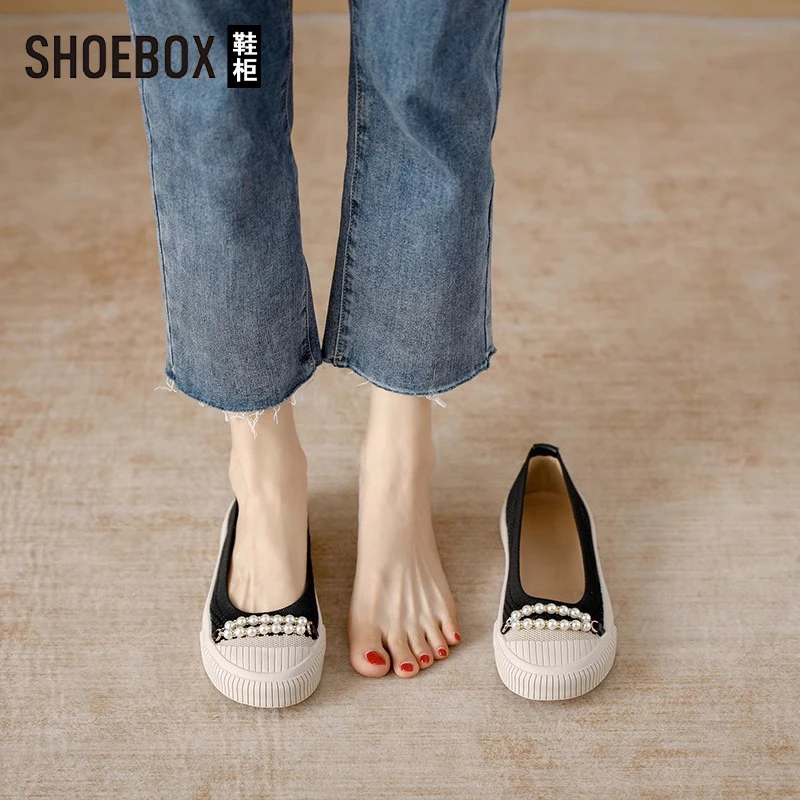 SHOEBOX鞋夏季日系王妃鞋渔夫鞋软底单鞋女针织平底浅口乐福鞋