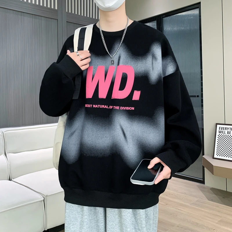 秋季男装青少年帅气字母卫衣长袖休闲宽松宽松潮流港风圆领打底