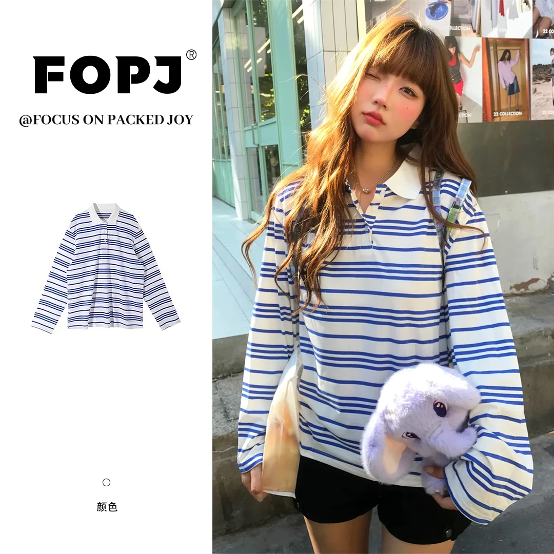 FOPJ时尚设计感条纹POLO领长袖t恤女春秋新款宽松慵懒风百搭上衣