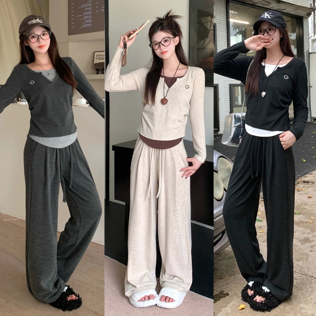 2025秋季大码女装新款长袖上衣阔腿裤运动两件搭配百搭休闲设计感