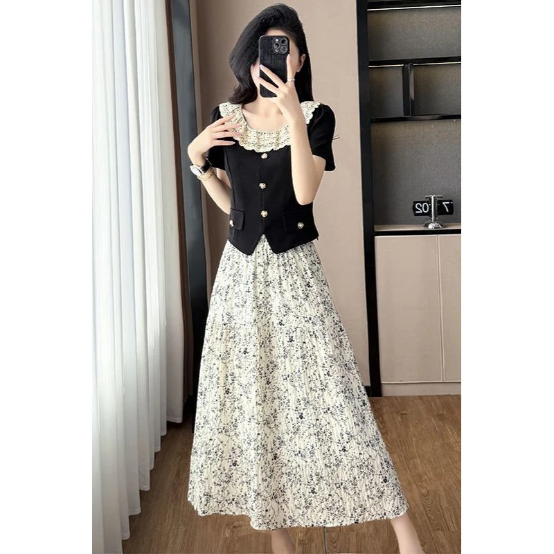 时尚套装夏季荷叶边拼接显瘦气质上衣小碎花半身裙两件套女