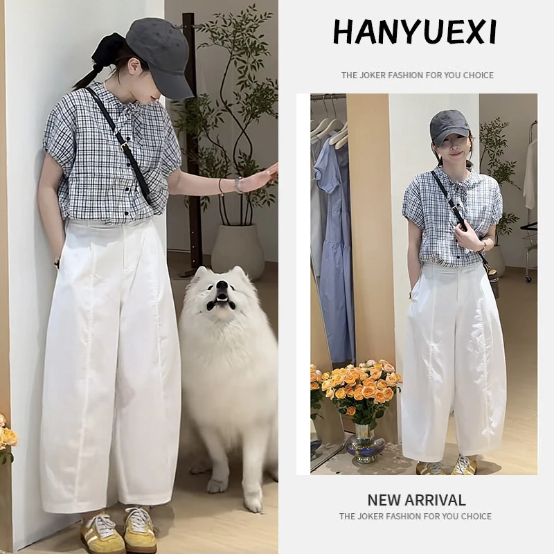 【现货】夏季时尚一整套女装2025新款短袖格子衬衫高腰萝卜裤两件套