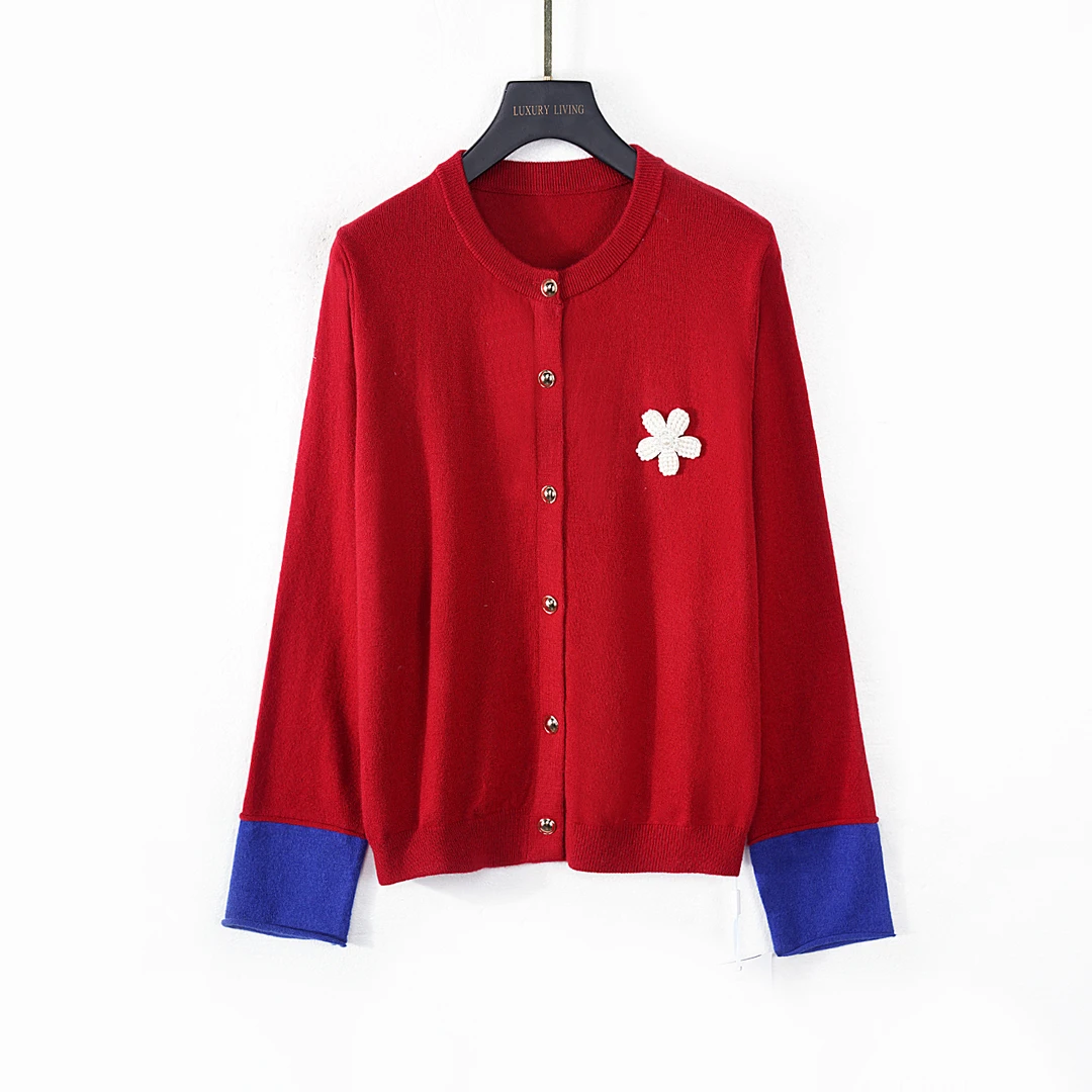 【春季上新】C8535红色韩版休闲法式简约时尚圆领气质圆领针织开衫