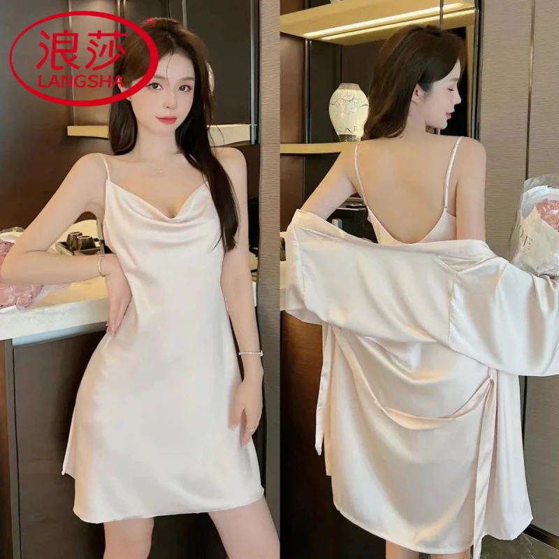 浪莎睡裙女夏款吊带两件套纯欲风法式露背超薄睡裙丝滑冰丝夏季