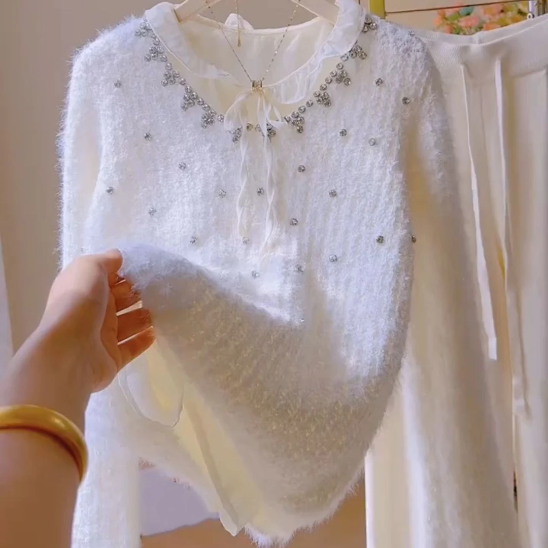 欧货高级感漂亮黄色V领毛衣女厚款秋冬新款重工钉钻超好看上衣潮