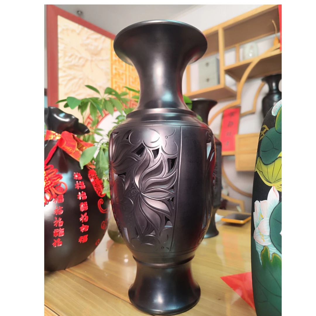 万事如意瓶子黑陶花瓶