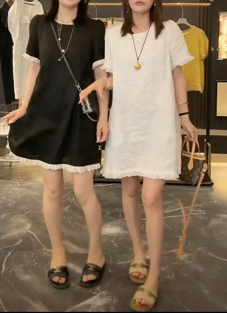 夏季新款时尚设计感透气棉麻连衣裙短袖圆领宽松显瘦洋气减龄女裙