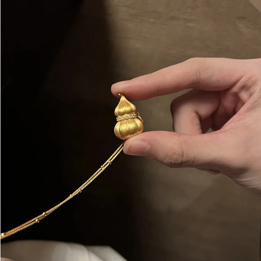 轻奢古法拉丝工艺金色南瓜葫芦吊坠项链复古新中式气质精致锁骨链