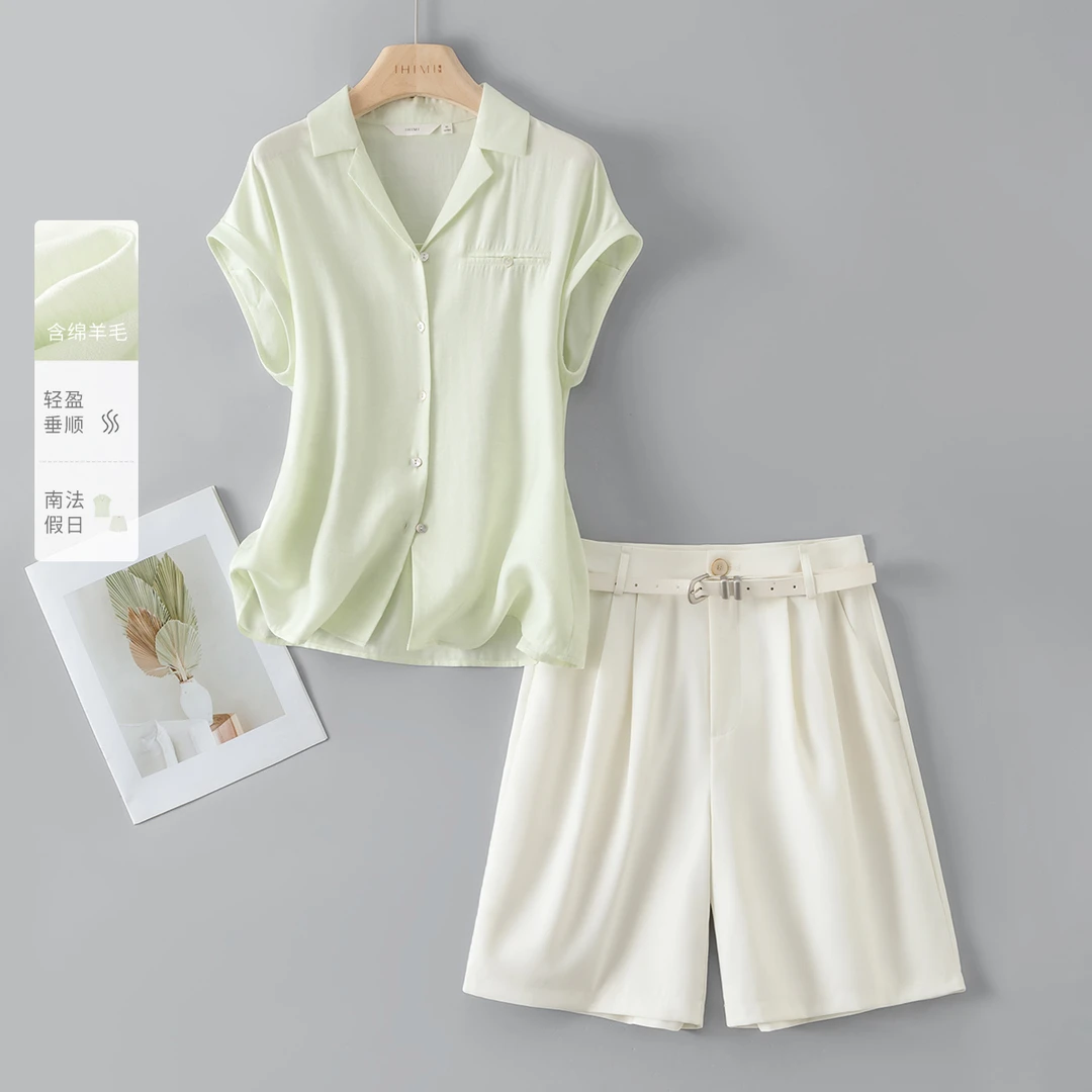 IHIMI/海谧25夏季新款女装简约时尚绵羊毛衬衫百搭短裤套装A045