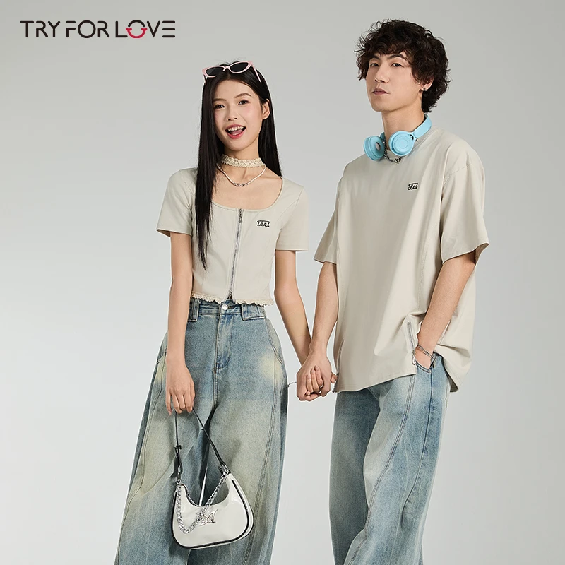 Tryforlove春夏纯色情侣T恤U型领辣妹设计感上衣时尚简约情侣装