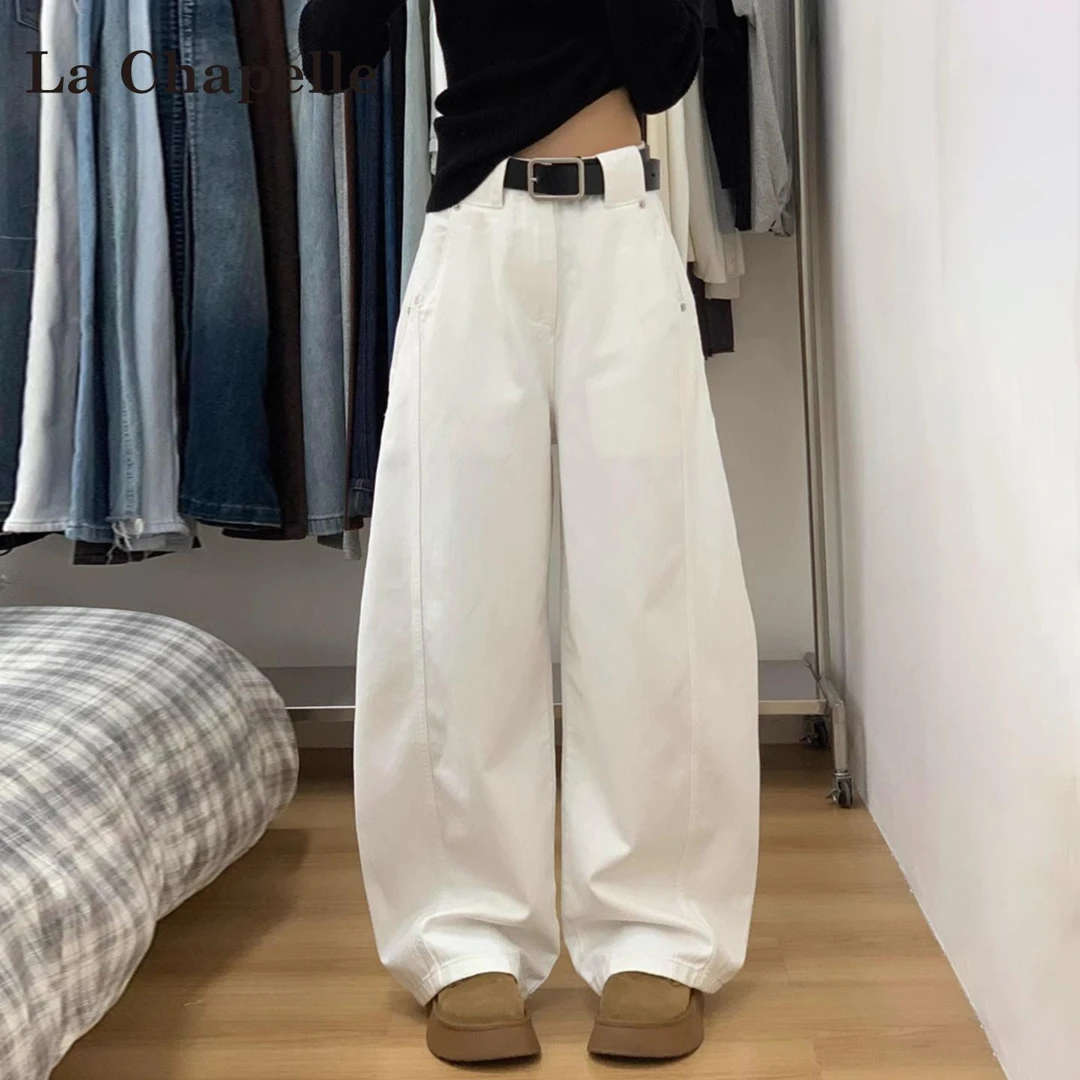 拉夏贝尔白色美式弯刀牛仔裤女秋冬2025新款高腰显瘦宽松阔腿长裤