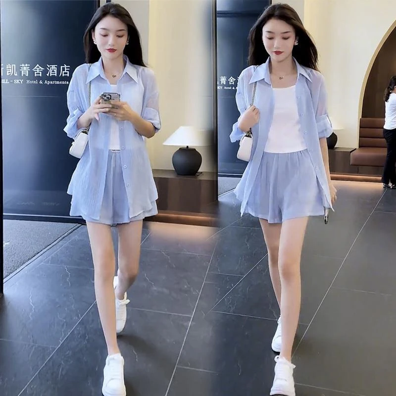 [夏]小香风防晒套装女2025年夏季新款洋气宽松减龄休闲衬衣短裤两