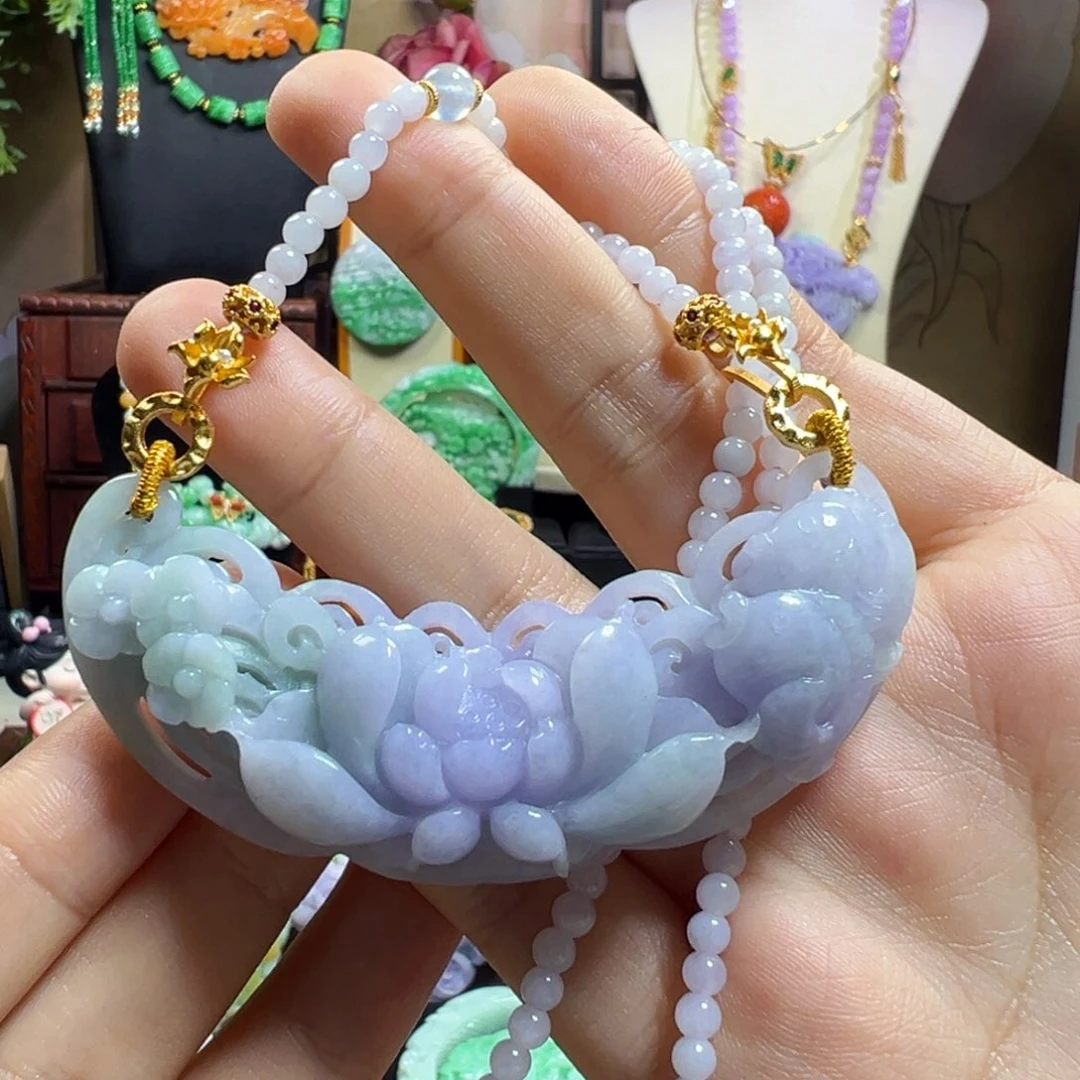 翡翠未镶嵌毛衣链紫莲花