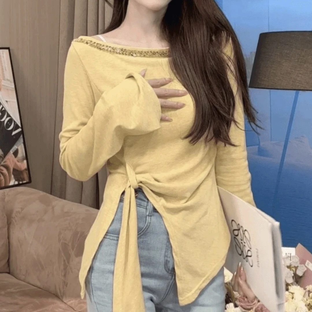 2025春季新款短款长袖打底衫烫钻修身不规则纯欲风T恤女